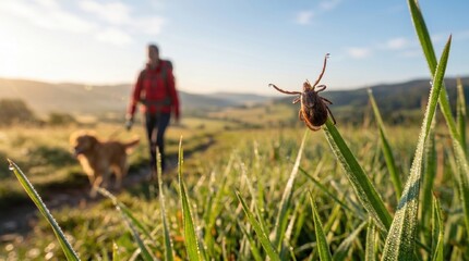 Obraz premium Encephalitis tick on grass blade with blurred hiker and dog in background