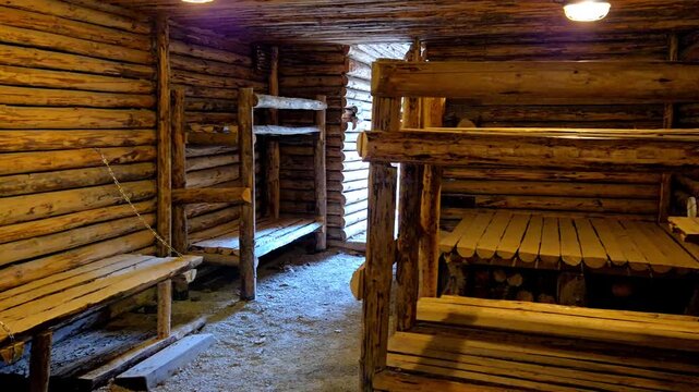 Interior of a wooden military dugout or log bunker with bunk beds.