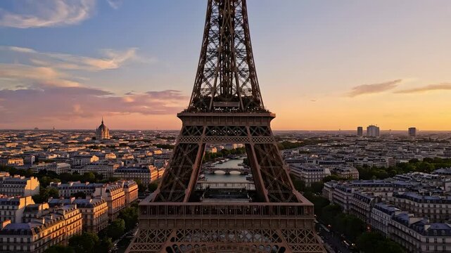 Eiffel Tower aerial pull back at sunset revealing Paris city skyline, iconic French landmark during golden hour, cinematic travel destination marketing, romantic European tourism.