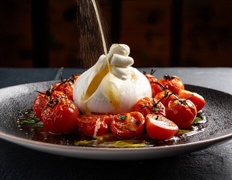 fresh burrata tears open as warm cream spills over roasted cherry tomatoes