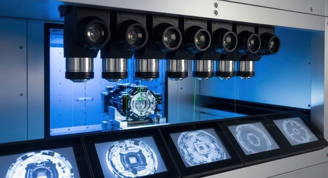 Advanced Automated Inspection System with Multiple Cameras and Monitors.
