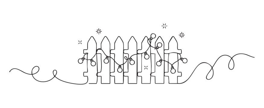 Continuous line drawing of holiday lights on fence for garden decoration concept, minimalist vector illustration on transparent background for festive season design