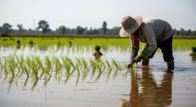 Farmer Planting Rice Seedlings in a Flooded Paddy Field Under a Bright Sky.