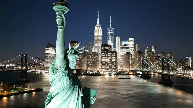 Statue of Liberty overlooking the glowing New York City skyline at night with the Empire State Building and Manhattan Bridge. Iconic urban landmark for Memorial Day travel promos.