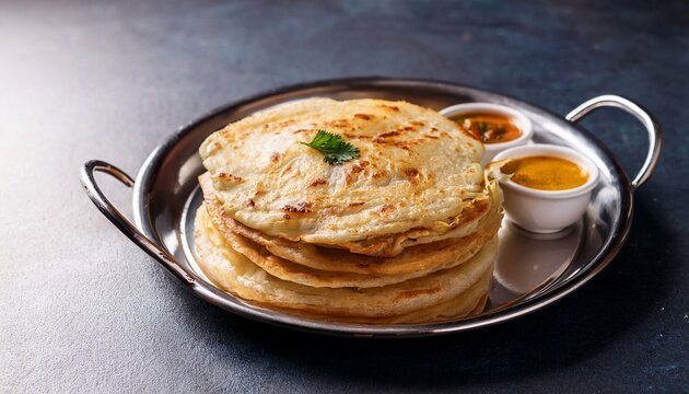 layered parottas served with spicy curry on steel plate glowing with ghee