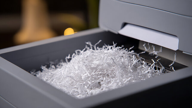 Close up view of shredded paper filling a document disposal machine, symbolizing data protection, security, and information privacy in an office