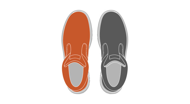 Top view of two casual slip-on shoes, one orange, one grey, isolated on white