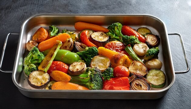 roasted mixed vegetables with caramelized edges on stainless sheet pan under natural light