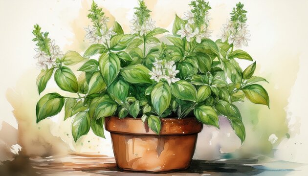 watercolor basil plant with white flowers in terracotta pot on soft background