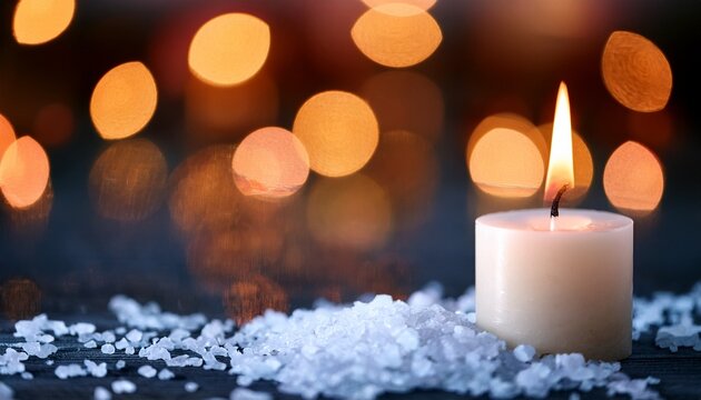close up of burning candle against a bokeh backdrop with sea salt selective focus biblical theme