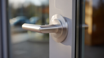 Naklejka premium Close-up of a modern brushed metal door handle on a glass door, with a soft-focus background of an outdoor setting and natural light