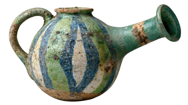 Islamic ceramic ewer from Kashan, Iran, featuring turquoise glaze and striped patterns, ancient pottery artifact on transparent background