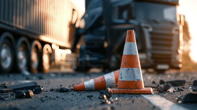 Damaged Traffic Cone on Road with Semi Truck Accident in Background for Roadwork Safety Concepts