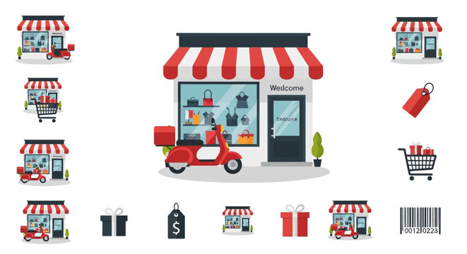 E-commerce delivery icons and storefront graphics.