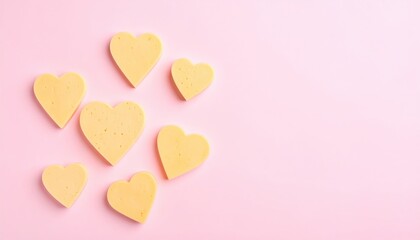 Fototapeta premium A Delightful Array of Yellow Heart-Shaped Objects on a Soft Pink Background, Perfect for Celebrating Love and Affection in Various Settings