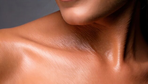 Close-up of a womans collarbone and neck with glowing skin.