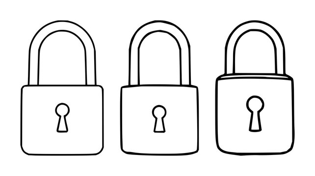 Iconic padlock set with black line art and stark white background featuring lock, security, emblem with security and design