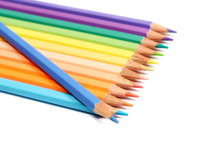 Fototapeta premium Close up colorful pencils set arrangement, row isolated on white background, side view