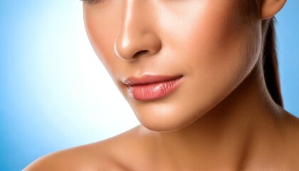 Obraz premium Close-up of a Womans Face with Smooth Skin and Glossy Lips.
