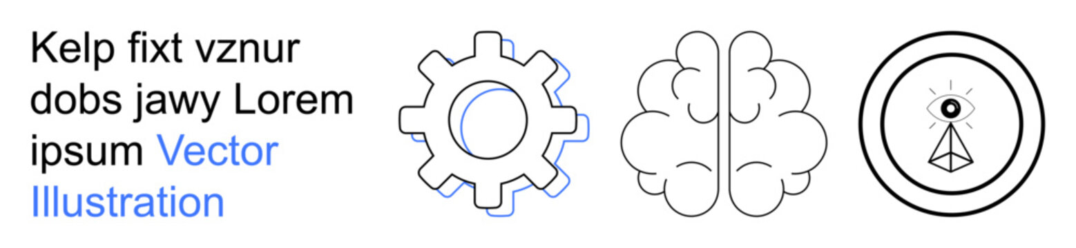 Innovation, mental processes, strategy, technology, problem-solving, awareness. Minimalist gear, brain and eye icons in outline style. Innovation and mental processes concept