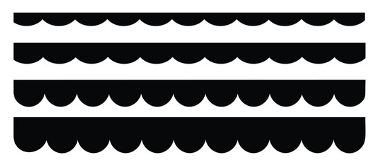 Fototapeta na wymiar Scalloped edge seamless shapes vector set. Simple scalloped border. Simple scalloped border. Repeat vintage frill ornament. Texture ribbons isolated on white background.
