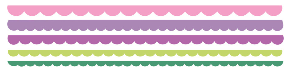 Fototapeta na wymiar Scalloped edge color seamless shapes vector set. Simple scalloped border. Zigzag edges border, cutout decoration line frame collection.