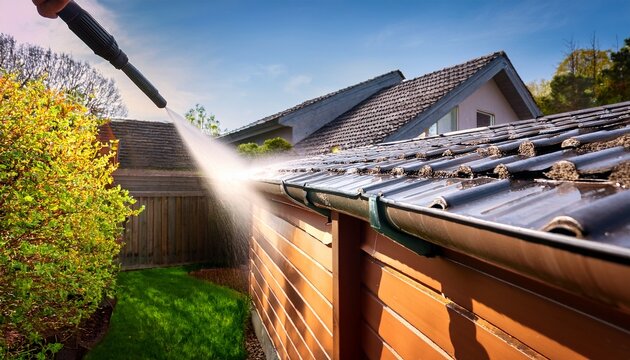 cleaning spring rain gutters with a pressure washer