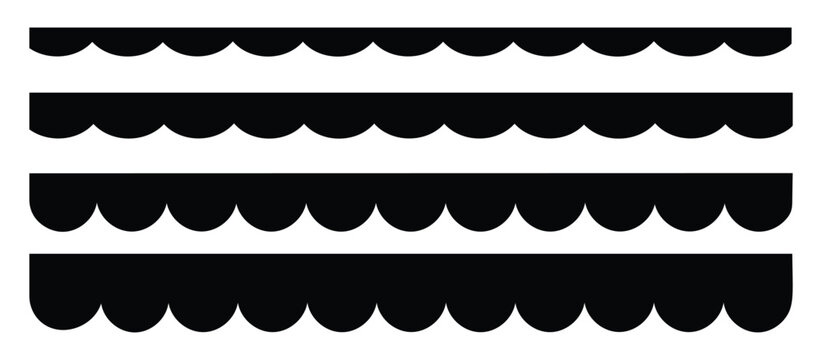 Scalloped edge seamless shapes vector set. Simple scalloped border. Simple scalloped border. Repeat vintage frill ornament. Texture ribbons isolated on white background.