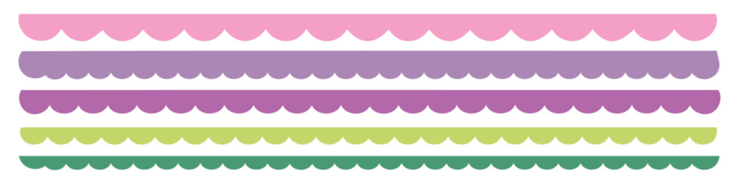 Scalloped edge color seamless shapes vector set. Simple scalloped border. Zigzag edges border, cutout decoration line frame collection.