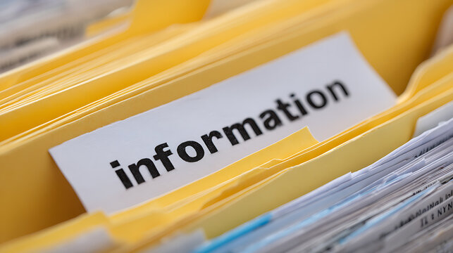 Close up view of a yellow file folder labeled 'information' within a collection of documents, signifying data organization and archival systems
