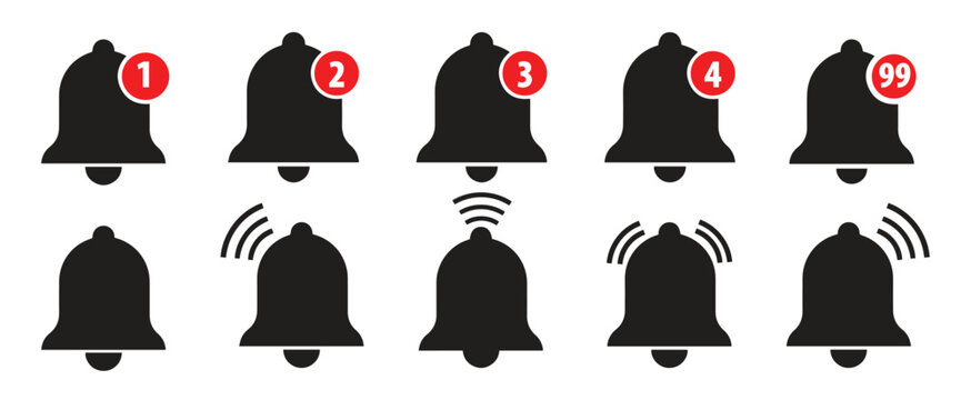 Notification bell icon set, alert icon for incoming inbox message. Ringing bell and notification number sign for alarm clock and mobile phone application