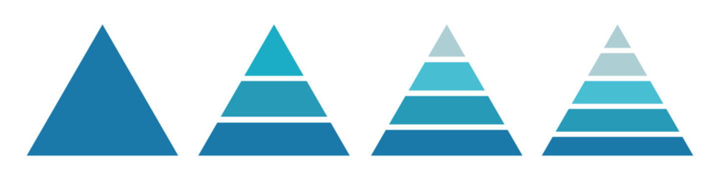 Triangle pyramid chart. Pyramid infographic set. Triangle hierarchy data segments collection. Development level infographic and business graph. Vector illustration 