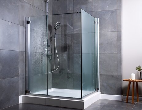 a shower with a glass door and a shower head