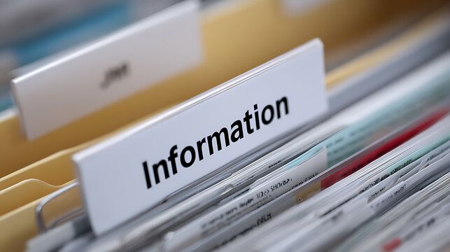 Close-up of file folder tab labeled 'Information' in a drawer, signifying data organization, record keeping, and search process
