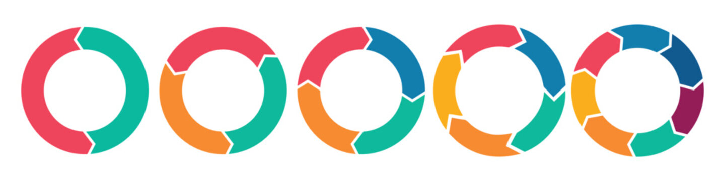 Colorful circle arrow chart set. Rotate arrow and spinning loading arrows, repeat circle. Business strategy workflow process infographic elements, circular statistics diagrams.