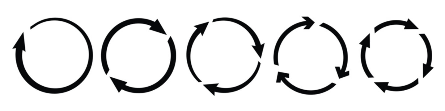 Circle arrows rotating set. Rotate arrow and spinning loading, Refresh, reload, recycle, loop rotation signs. Black circle arrows for infographics and web design. Vector illustration