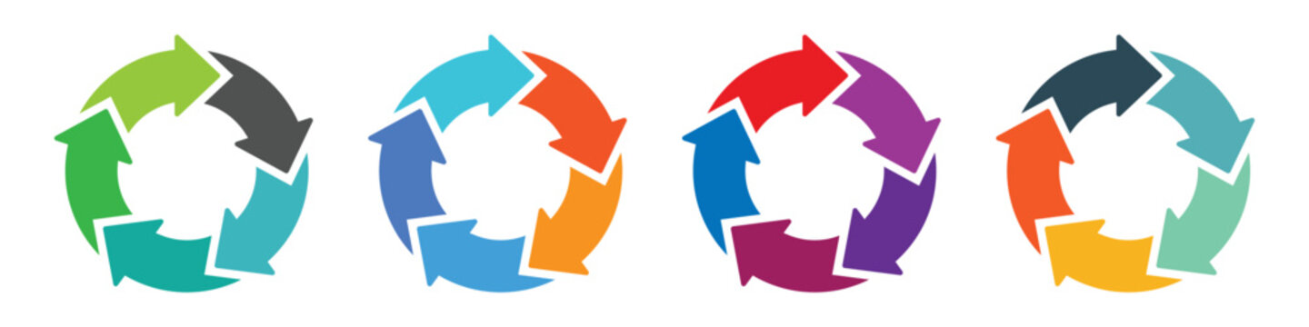 Colorful circle arrows isolated on white background. Rotate arrow and spinning loading. Circular rotation, loading elements, redo process, reload sign, repeat icon. Vector illustration