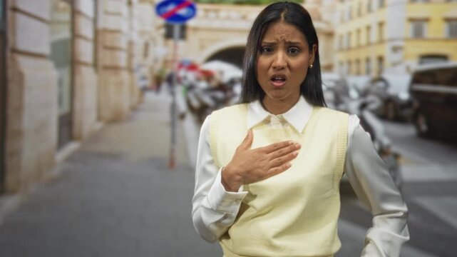 Woman clutching hand to chest on a street with parked motorcycles and cars; distress vulnerability.