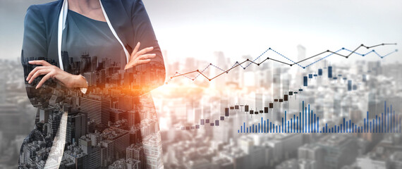 A confident businesswoman stands with crossed arms in an urban setting, overlooking a modern city while complex financial graphs and data visualizations symbolize growth potential. Scalp © InfiniteFlow