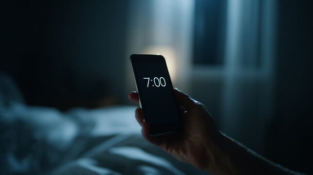 Person's hand holds a mobile device displaying '7:00' in a dark bedroom, with soft light from a window, early morning wake up concept