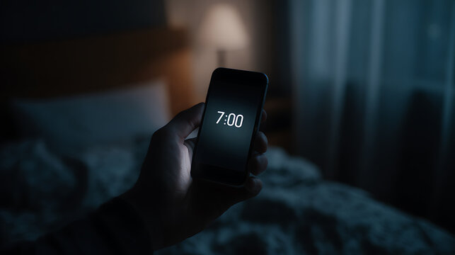 Human Hand Hold Smartphone With Digital Clock Displaying Seven O'Clock in Dark Bedroom, Concept of Early Morning Rise or Waking Up