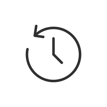 Clock with backward arrow, linear style icon. Time rewind and history action. Editable stroke width