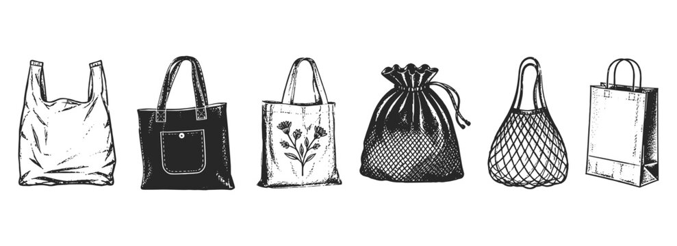 Various types of shopping bags in sketch style plastic tote mesh and paper bags for groceries.