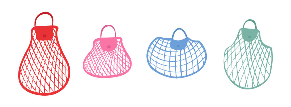 Set of hand drawn eco friendly drawstring bags and mesh bags. Reusable grocery bags for sustainable lifestyle, Suitable for packaging, branding, stickers and zero waste concept design.