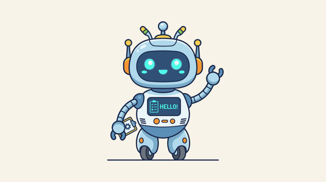 Friendly blue robot character waving hello mascot illustration