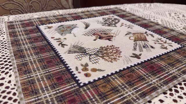 Close-up patterned cotton tablecloth on restaurant table, vintage embroidered center with floral motifs, plaid border and delicate