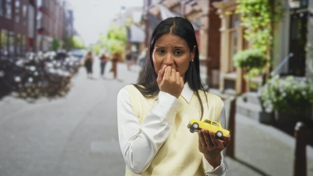 Woman, young brunette holding a yellow toy car bites fingernails on a street; anxiety doubt uncertainty.