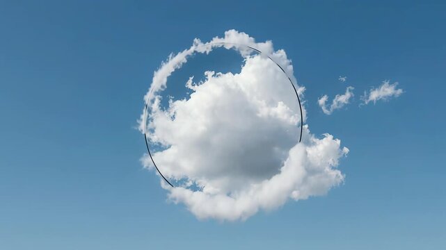 Surreal white cloud framed by thin circular line in clear blue sky