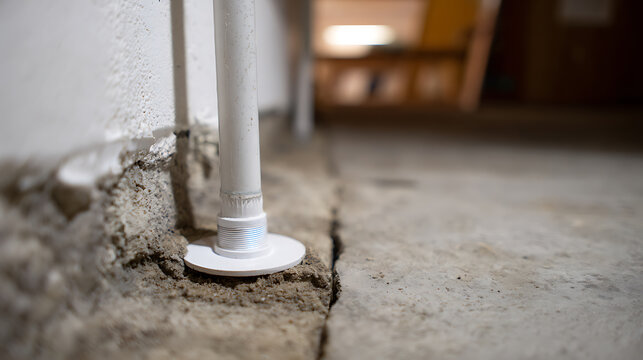 Close-up of a white pipe or support column meeting a cracked concrete floor and wall, highlighting structural details and potential issues