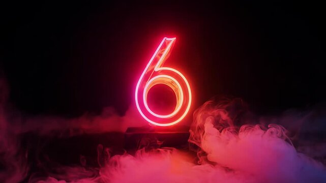 Glowing neon number 6 rising from pink smoke on dark background